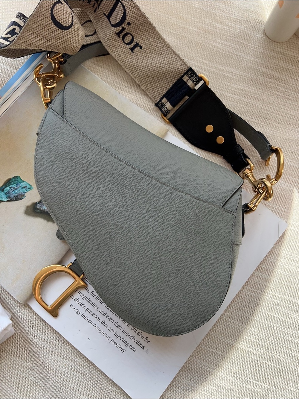 Christian Dior Grained Calfskin Saddle Bag With Strap Stone Grey - Picture 4 of 12